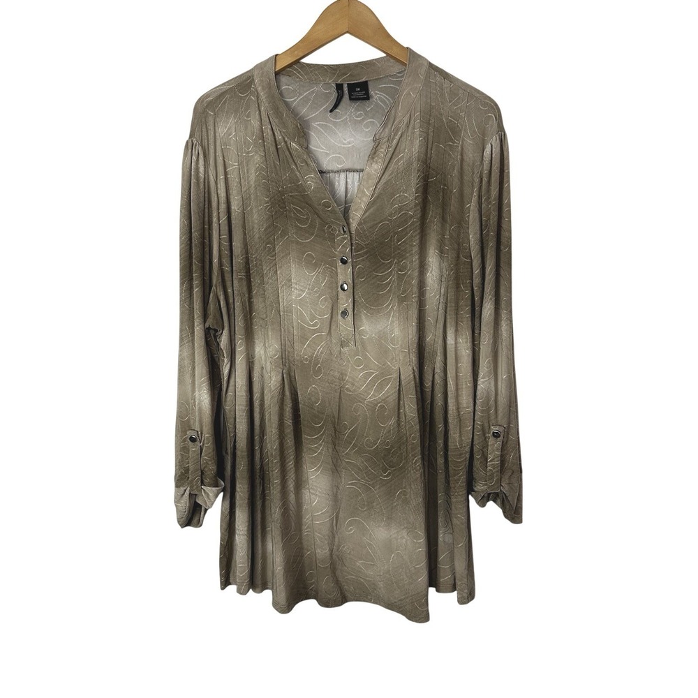 New Directions Bohemian Tunic Top Womens 3X 3/4 Sleeve‎ Split V-Neck Mocha Brown